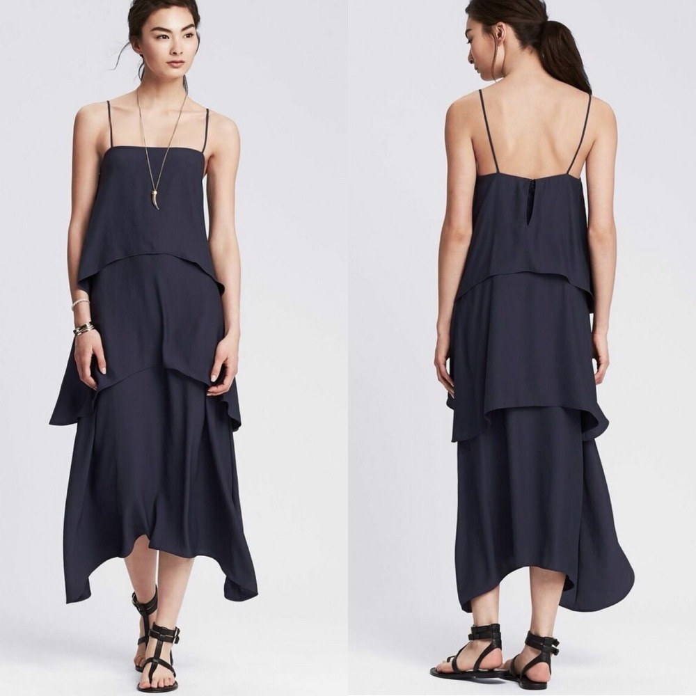 Banana Republic Tiered Midi Dress‎ Sleeveless Casual Party Petite 4P Coastal